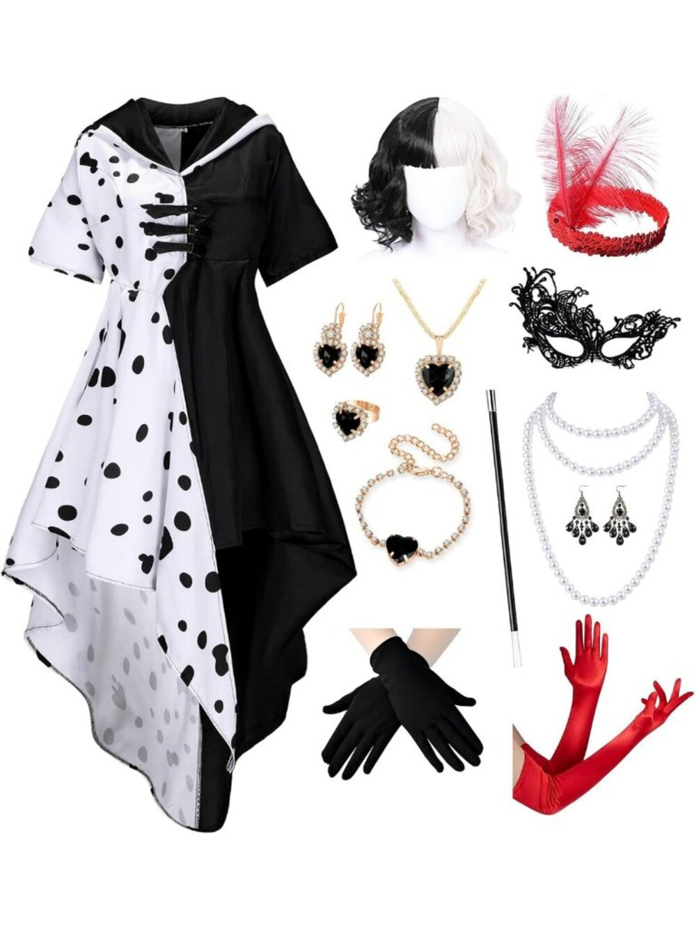 13Pcs Women's Dalmatian Costume Dress Set with Wig, Gloves & Accessories - Party
